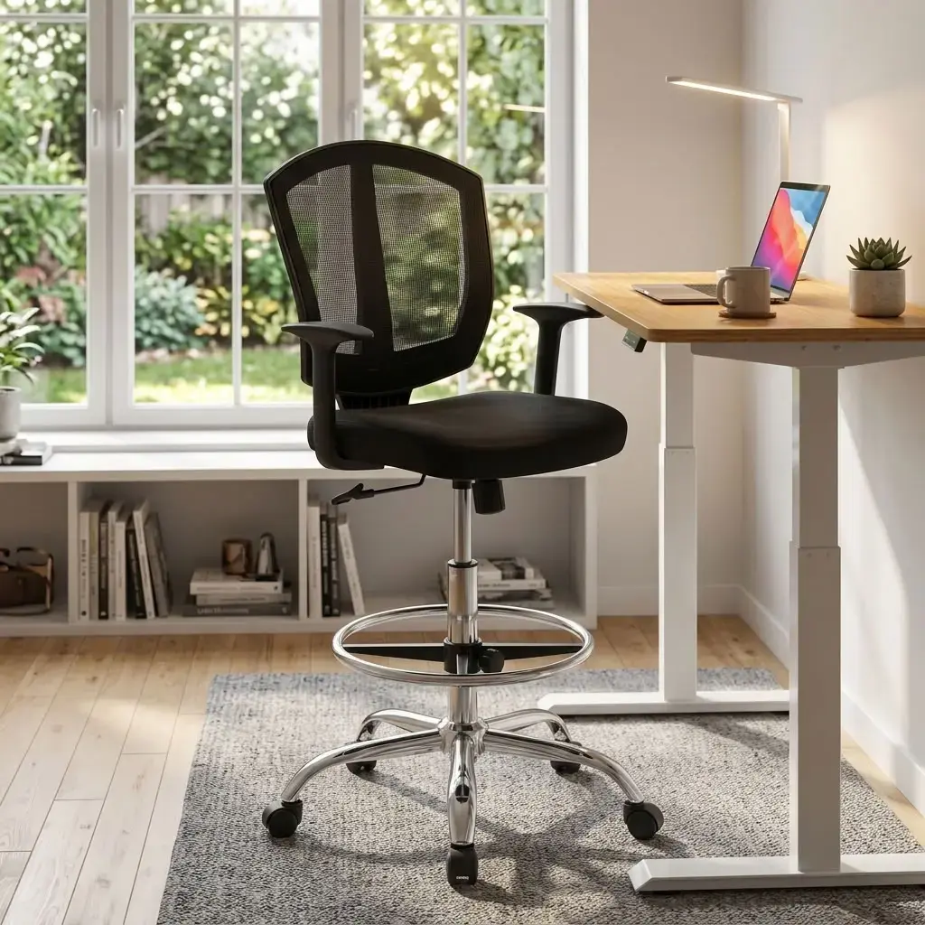 Professional High-Drafting Ergonomic Mesh Stool Chair featuring adjustable chrome foot ring, tall cylinder, and mesh backrest next to a wooden counter in a modern high-rise office.
