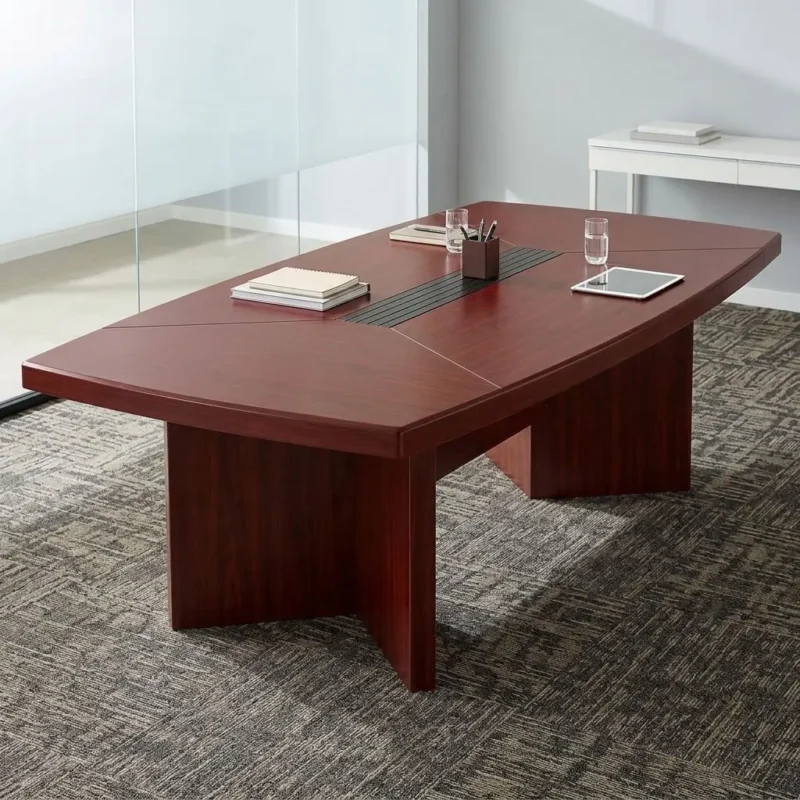 Luxury 2.4m Mahogany Executive Boardroom Conference Table featuring a central black cable management channel and solid pedestal base on a patterned rug in a modern corporate meeting room.