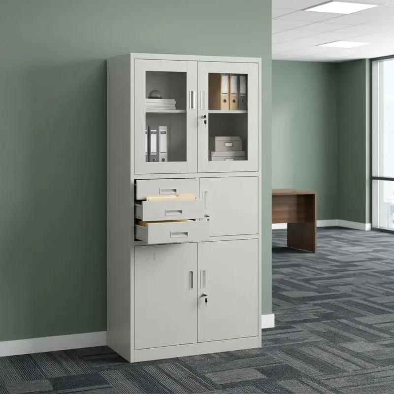 Heavy-Duty Metal Filing Cabinet with upper glass display doors, two center locking drawers, and lower double metal doors in a light grey finish inside a modern corporate office.