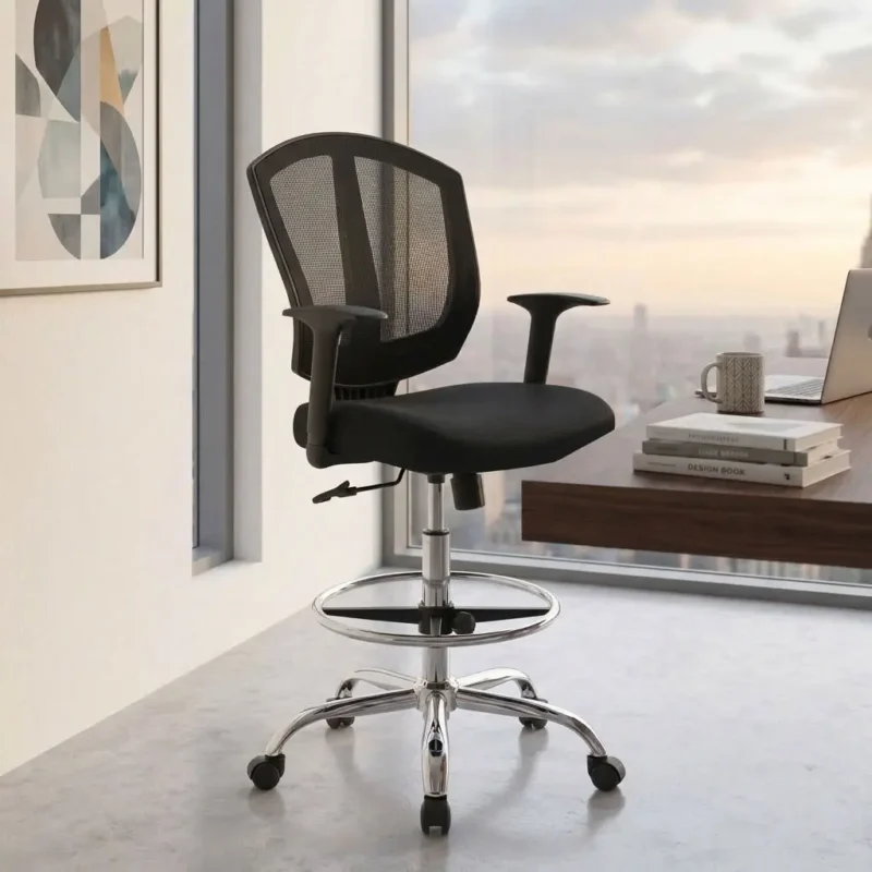 Professional High-Drafting Ergonomic Mesh Stool Chair featuring adjustable chrome foot ring, tall cylinder, and mesh backrest next to a wooden counter in a modern high-rise office.