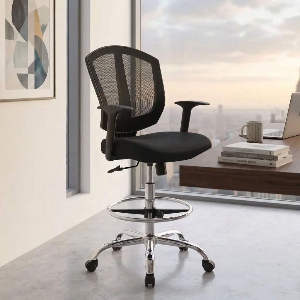Professional High-Drafting Ergonomic Mesh Stool Chair featuring adjustable chrome foot ring, tall cylinder, and mesh backrest next to a wooden counter in a modern high-rise office.