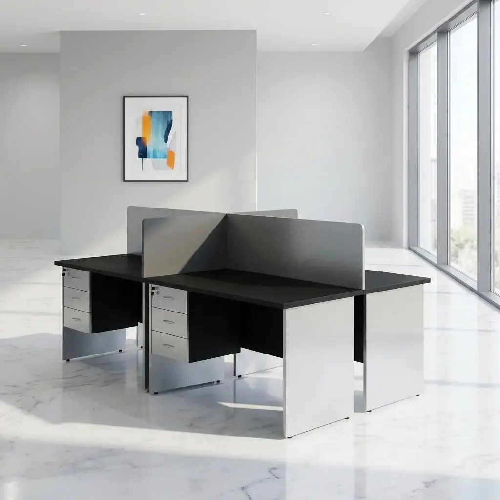 Modern 4-Way Executive Workstation Desk Cluster featuring walnut wood tops, matte black divider screens, and individual 3-drawer pedestals in a brightly lit office space.