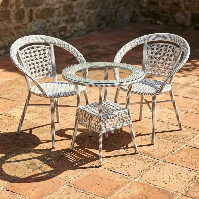 Luxury 2-Piece Synthetic Rattan Outdoor Bistro Chair Set featuring grey and white woven barrel armchairs on a tiled outdoor terrace.