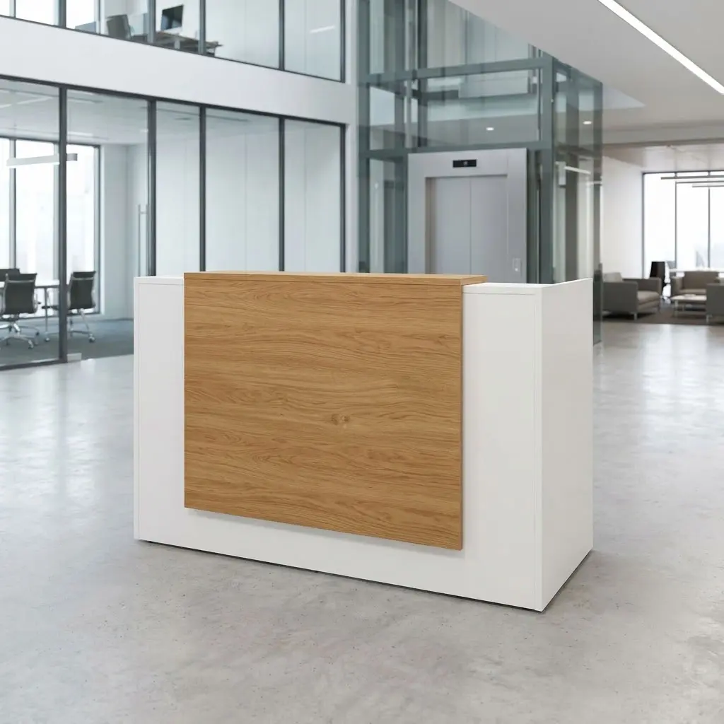 Modern 1.4m Dual-Tone Executive Reception Desk Counter featuring light natural oak side panels and a dark walnut center transaction ledge in an office lobby.