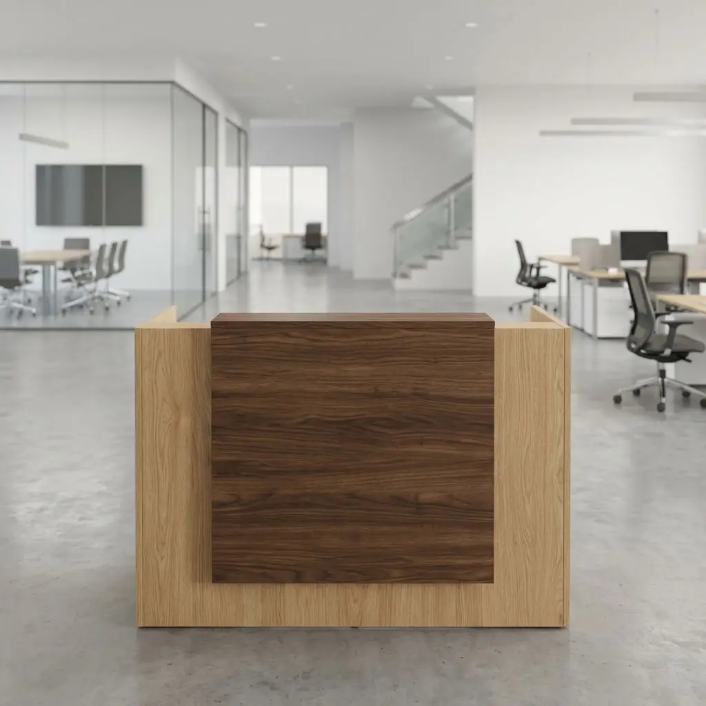 Modern 1.4m Dual-Tone Executive Reception Desk Counter featuring light natural oak side panels and a dark walnut center transaction ledge in an office lobby.