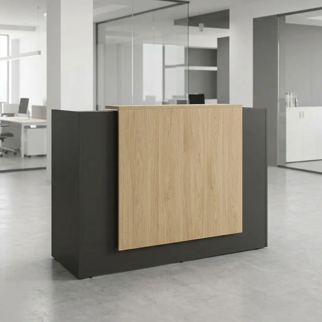 Modern 1.4m Dual-Tone Executive Reception Desk Counter featuring light natural oak side panels and a dark walnut center transaction ledge in an office lobby.
