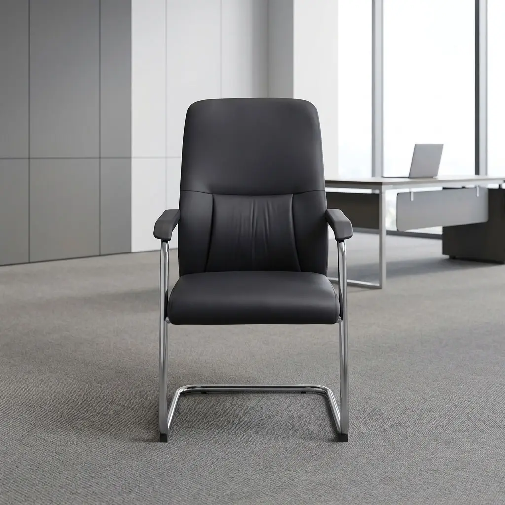 High-back executive visitor chair in black leatherette upholstery with chrome cantilever sled base and padded armrests in a modern office environment.