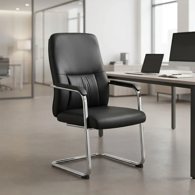 High-back executive visitor chair in black leatherette upholstery with chrome cantilever sled base and padded armrests in a modern office environment.