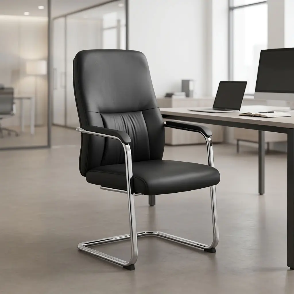 High-back executive visitor chair in black leatherette upholstery with chrome cantilever sled base and padded armrests in a modern office environment.
