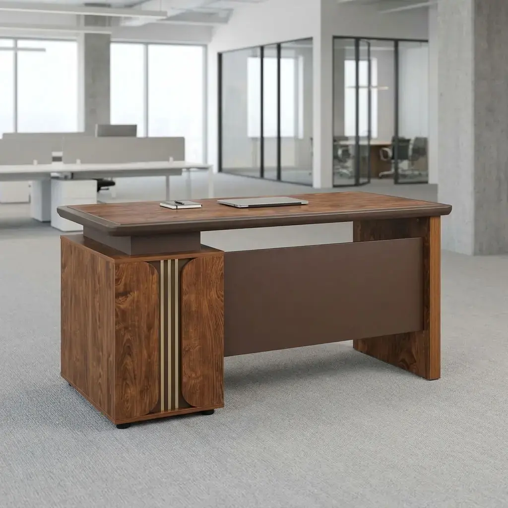 Luxury 1.2m Executive Office Desk in rich walnut wood finish featuring vertical gold accent trim and integrated pedestal in a modern glass-window office.