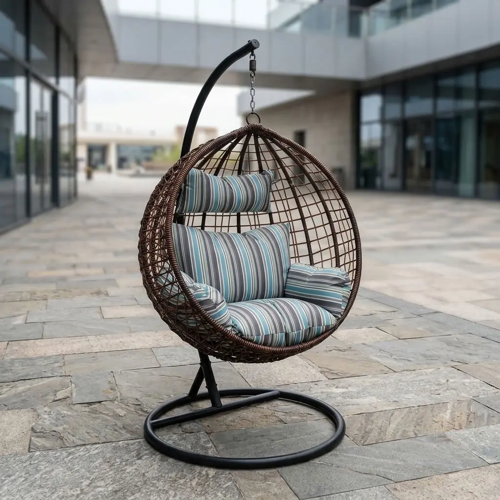 Luxury Hanging Egg Swing Chair with dark brown wicker basket, heavy-duty steel stand, and blue striped cushions on a modern tiled office patio.