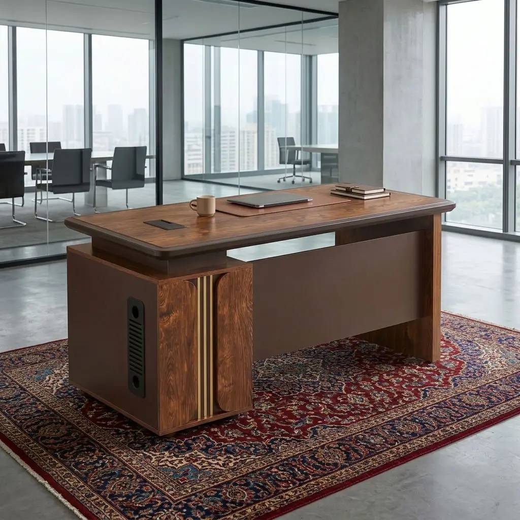 Luxury Executive Office Desk in rich walnut finish featuring vertical gold inlay accents, bevel-molded top, and integrated side pedestal on an ornate carpet inside a modern high-rise executive suite.