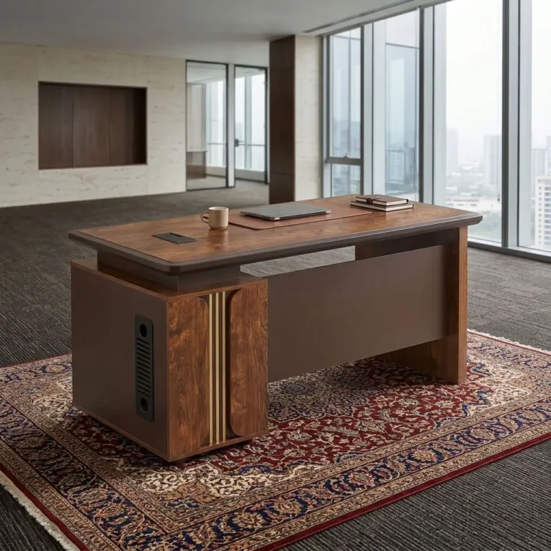 Luxury Executive Office Desk in rich walnut finish featuring vertical gold inlay accents, bevel-molded top, and integrated side pedestal on an ornate carpet inside a modern high-rise executive suite.