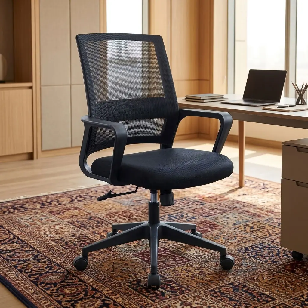 Mid-Back Ergonomic Black Mesh Office Task Chair with fixed loop armrests and black swivel base on an patterned rug in a modern office.