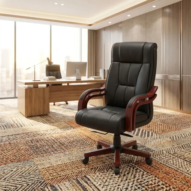 High-Back Executive Black Leather Office Chair with mahogany wood armrests and mahogany capped base on a patterned rug in a modern high-rise executive suite