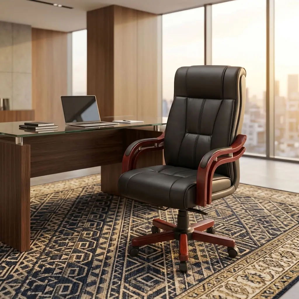 High-Back Executive Black Leather Office Chair with mahogany wood armrests and mahogany capped base on a patterned rug in a modern high-rise executive suite