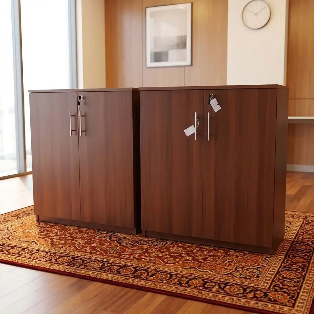 Two Premium Executive Wooden Double-Door Storage Credenza Cabinets side-by-side in a rich mahogany finish with key locks and brushed steel handles on an ornate rug in an executive office