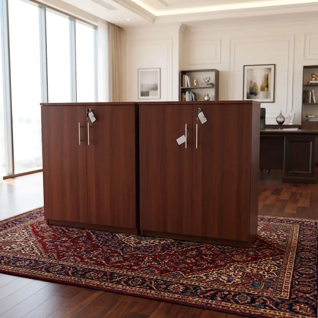Two Premium Executive Wooden Double-Door Storage Credenza Cabinets side-by-side in a rich mahogany finish with key locks and brushed steel handles on an ornate rug in an executive office