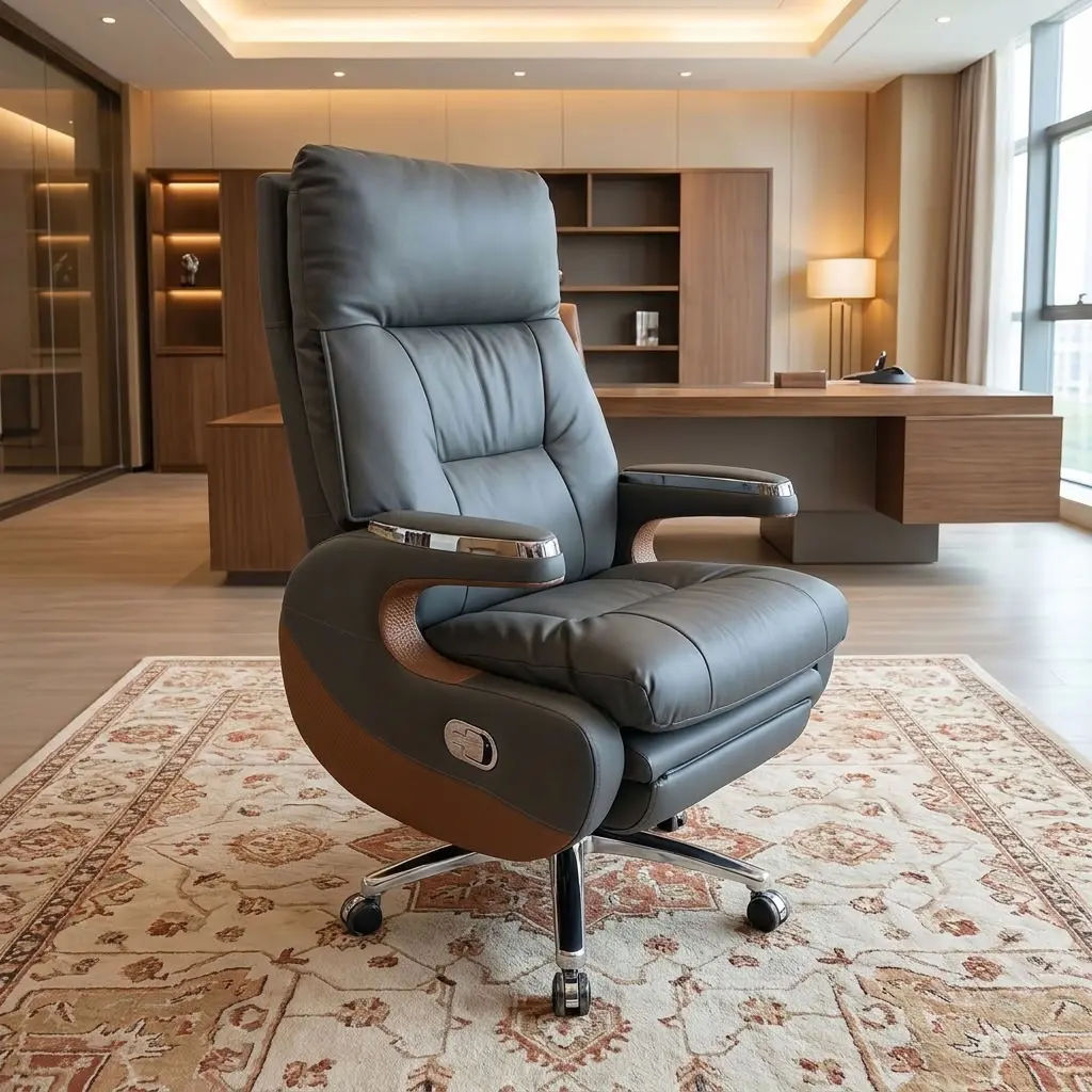 Luxury Reclining Executive Leather Swivel Chair in charcoal grey and saddle tan brown with extendable footrest and chrome base in a modern C-suite executive office.