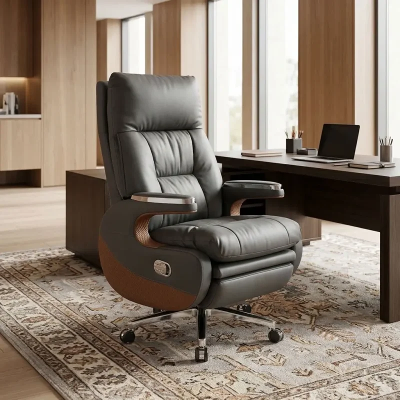 Luxury Reclining Executive Leather Swivel Chair in charcoal grey and saddle tan brown with extendable footrest and chrome base in a modern C-suite executive office.