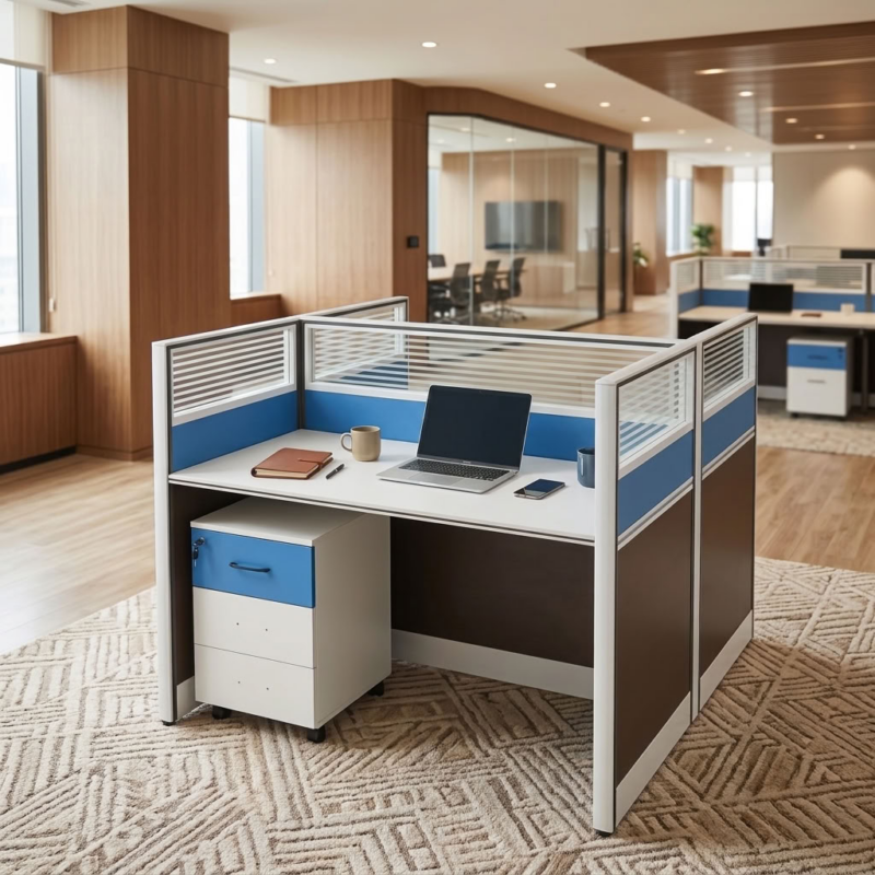 Modern Modular Single-Person Office Workstation Cubicle with blue and brown privacy partition panels, frosted glass top screen, and matching 3-drawer mobile pedestal in a corporate office