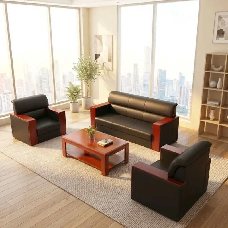 Executive Office Sofa Set in black leather with mahogany wood accents and a matching coffee table in a modern corporate lounge.