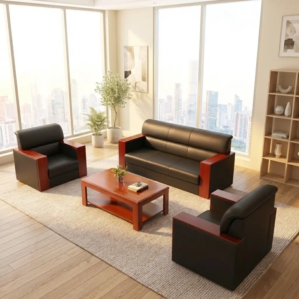 Executive Office Sofa Set in black leather with mahogany wood accents and a matching coffee table in a modern corporate lounge.